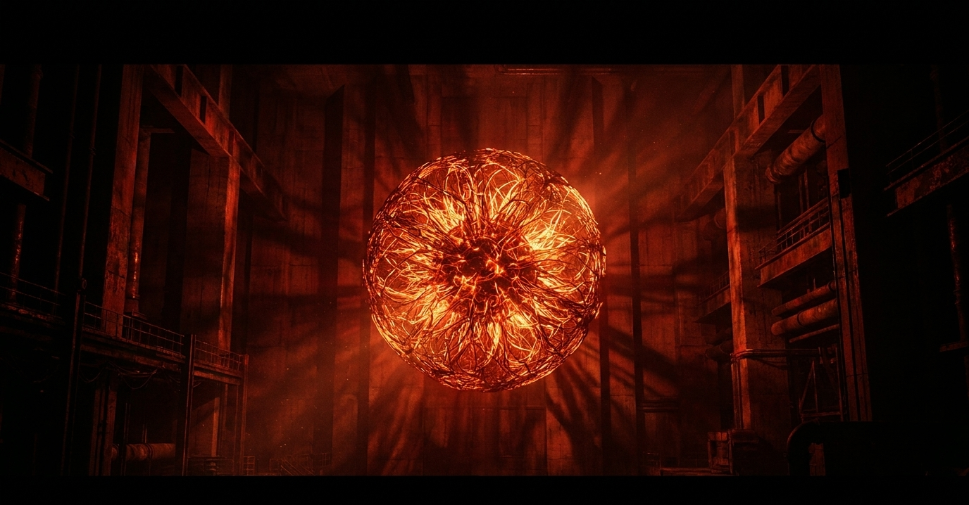 A glowing orange filament sphere suspended inside a dark concrete chamber, standing in for the core of a large neural network.