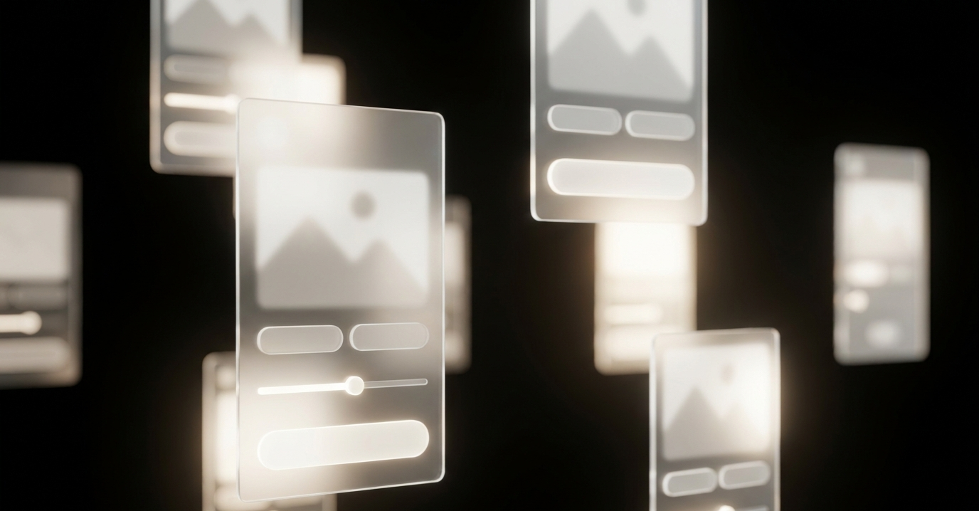 Frosted-glass app UI cards, including an image tile and sliders, drifting in black space, representing design-tool interfaces built around AI features.