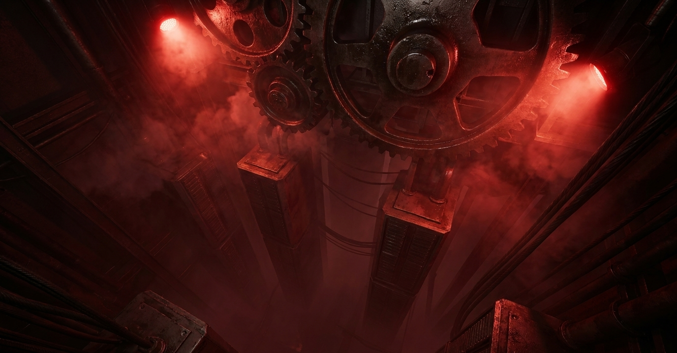 Massive dark industrial gears turning together under red light, a metaphor for many GPUs working in lockstep to train one model.