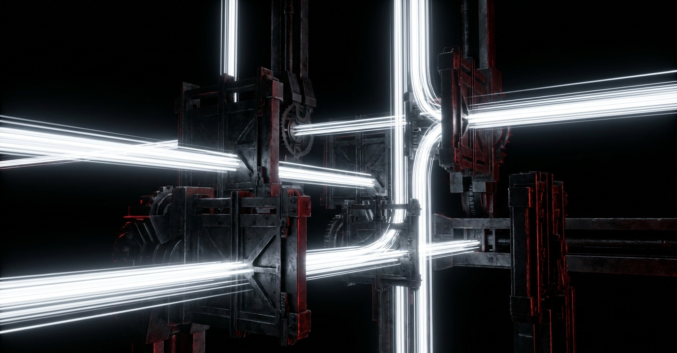 Bright light beams routed through heavy industrial junction machinery, a metaphor for gradients and parameters flowing between GPUs over the interconnect.
