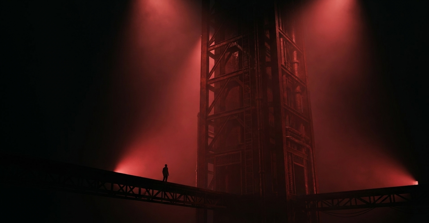 A lone figure on a gantry facing a towering red-lit industrial structure, evoking the scale of the on-premise versus cloud infrastructure decision.