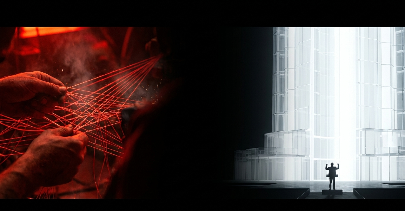 A split image: hands weaving glowing threads on one side, a small conductor before a bright tower on the other, suggesting building and directing.