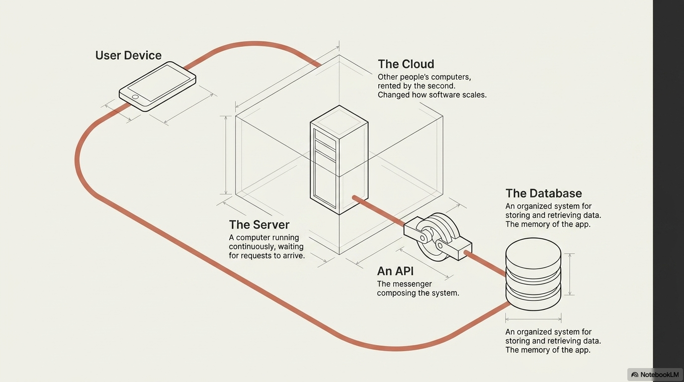 A diagram showing infrastructure components connected by code: servers, databases, and networks defined as configuration rather than manual setup.