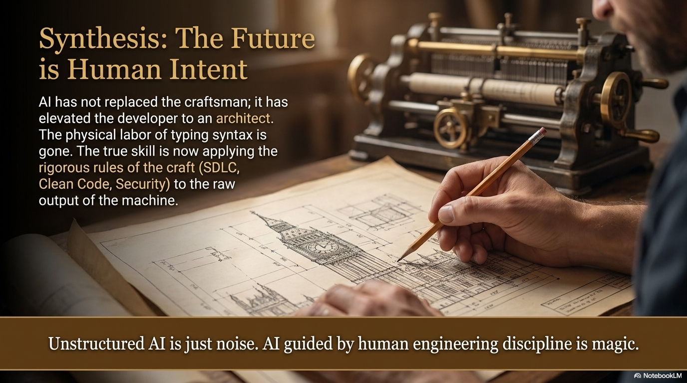 An architect working alongside a machine, illustrating the collaboration between human intent and AI execution in agentic systems where humans define goals and AI determines the steps to achieve them.