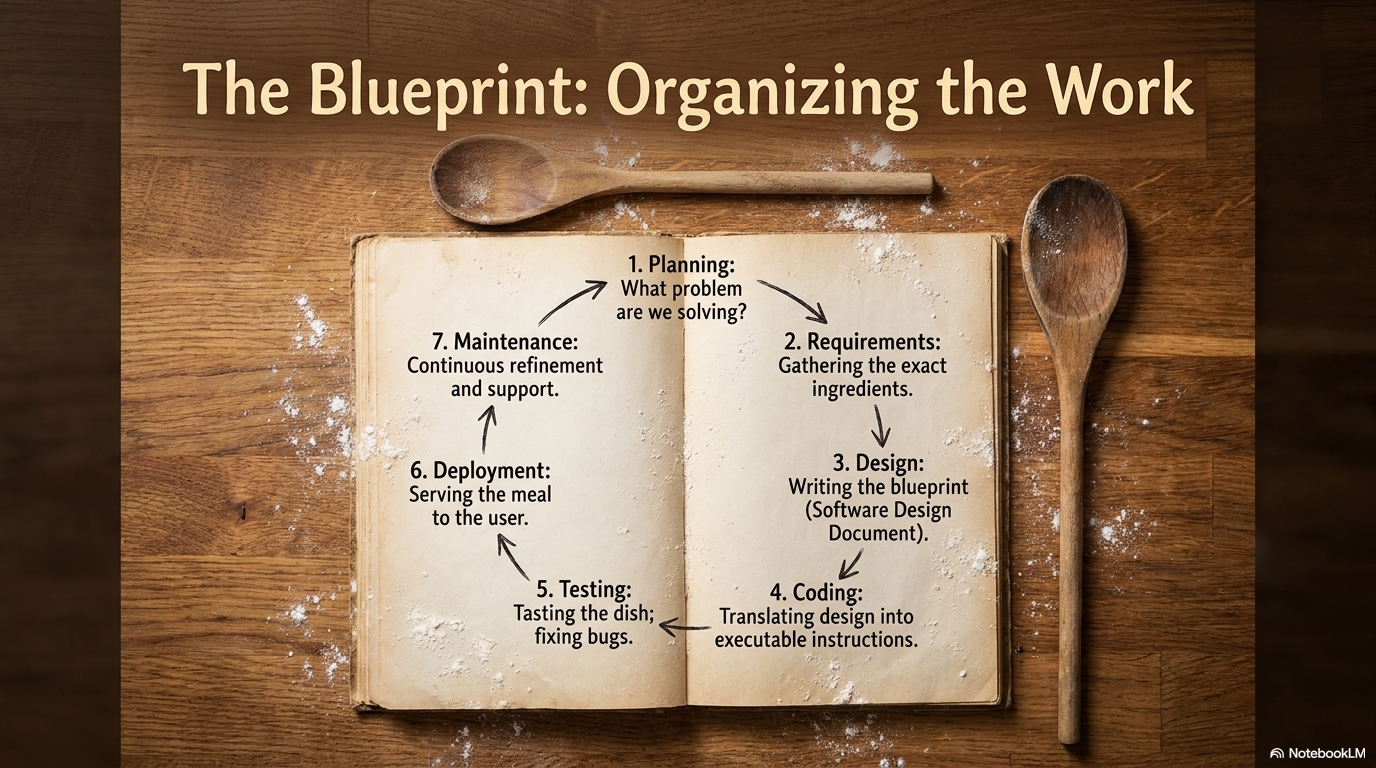 A blueprint document alongside a recipe card, illustrating how the Scrum framework provides a structured yet flexible approach to software development, combining planning with iterative execution.