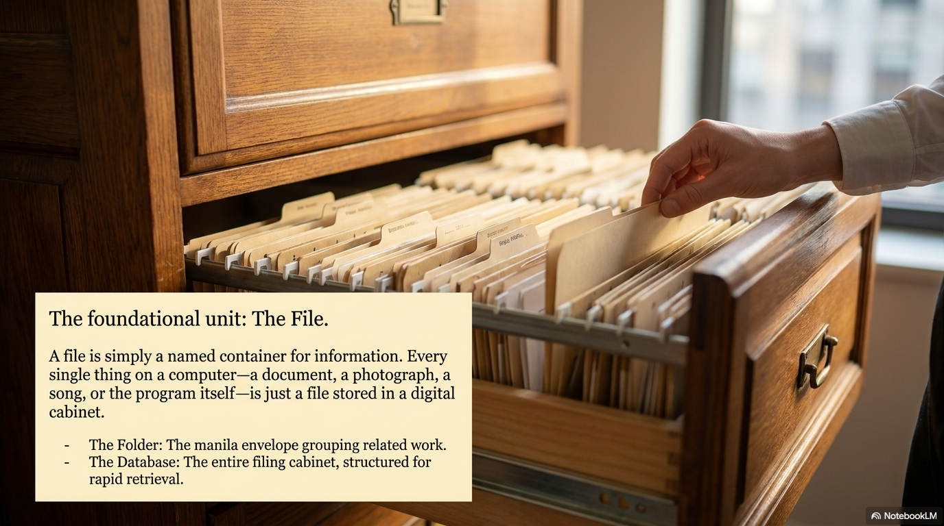 A filing cabinet with an open drawer revealing organized files, representing how RAG systems retrieve relevant documents from a knowledge base to augment AI responses with accurate, up-to-date information.