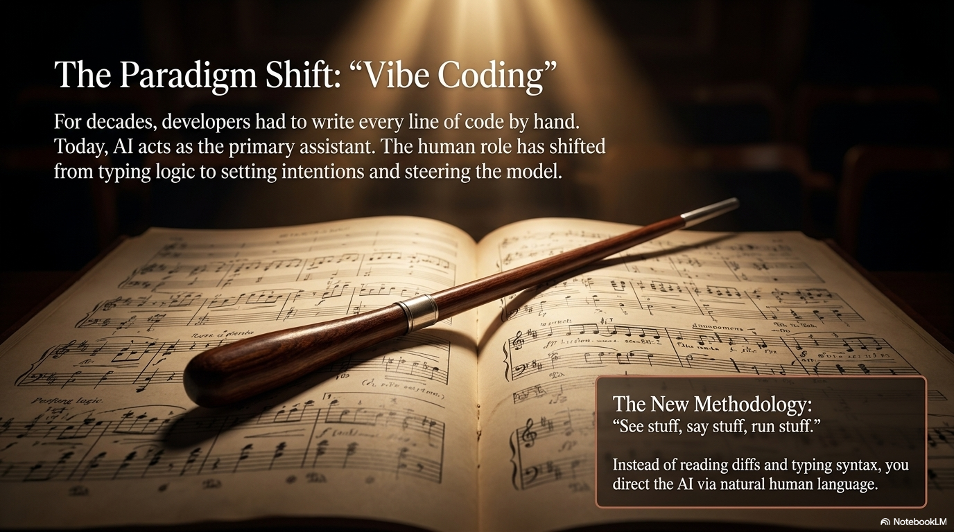 Infographic: sheet music on the left representing traditional manual coding, transitioning to a conductor's podium on the right representing vibe coding - describing intent and directing the AI.