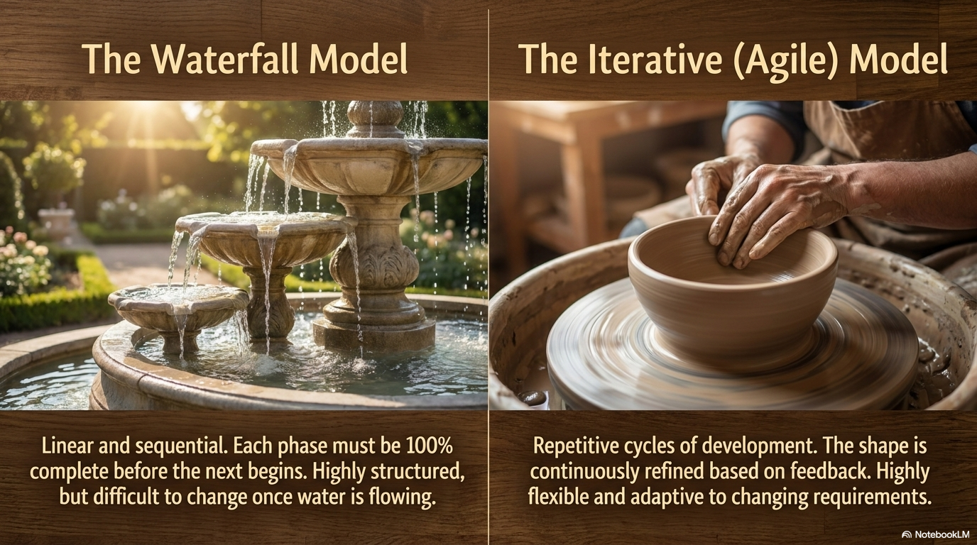 Split image comparing waterfall methodology (represented by a formal fountain with water flowing in one direction) to agile methodology (represented by hands shaping clay on a pottery wheel), illustrating the contrast between rigid sequential processes and iterative development.