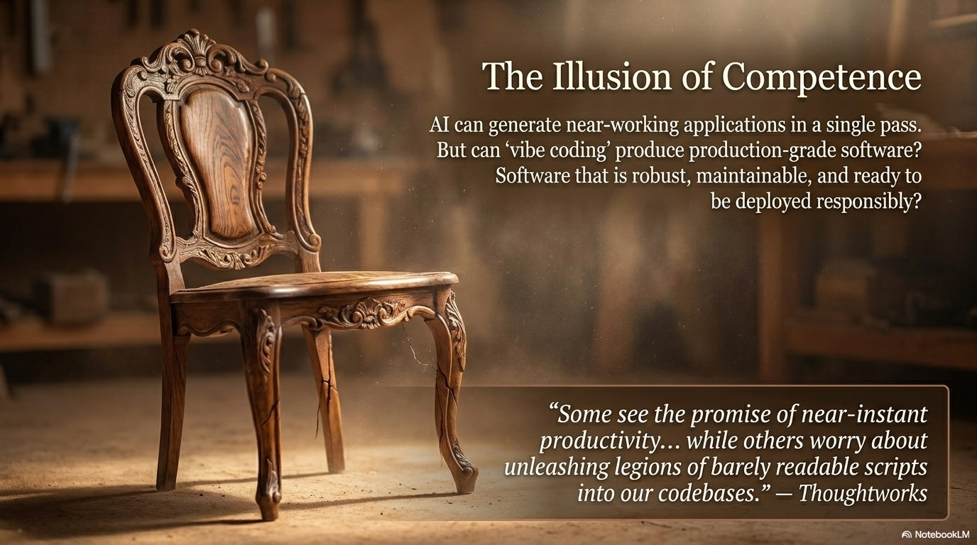 A wooden chair that appears sturdy but has hidden structural weaknesses, illustrating how technical debt can create an illusion of competence while accumulating hidden costs that compound over time.
