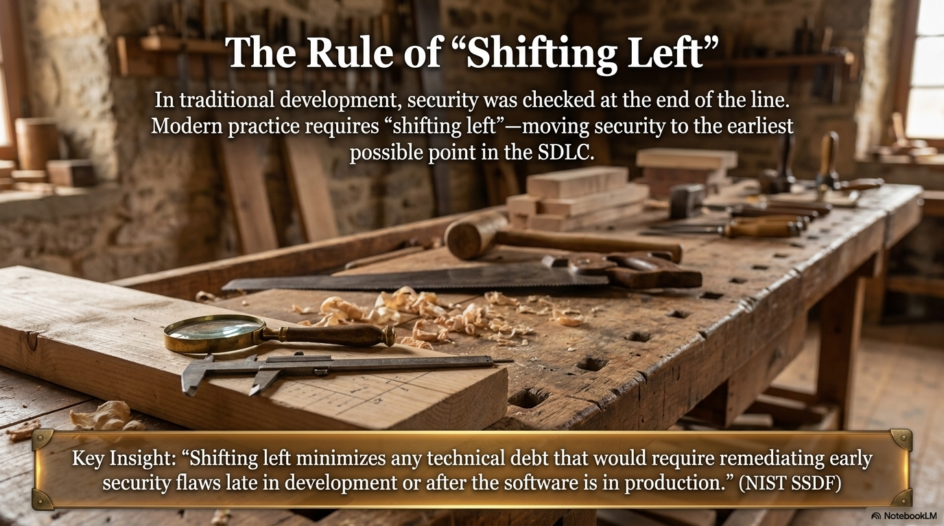 A workbench with security tools integrated into the development workflow: security checks happening early, not as an afterthought.