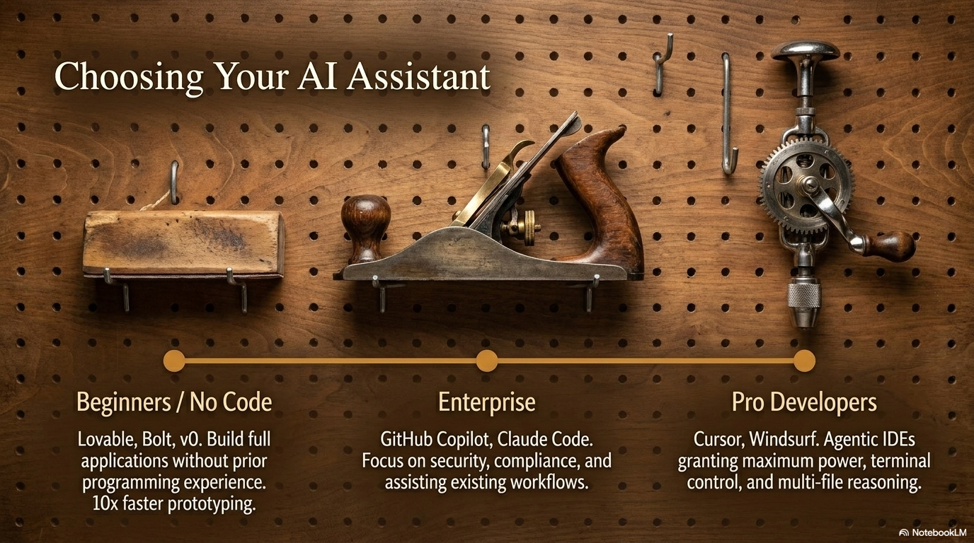 A workshop with various tools arranged for use: AI agents select and use tools autonomously to accomplish their goals.