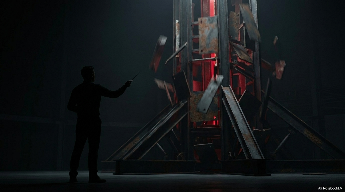 A human silhouette facing a vast red-lit industrial system: one person, many components, all integrated into a single production system.