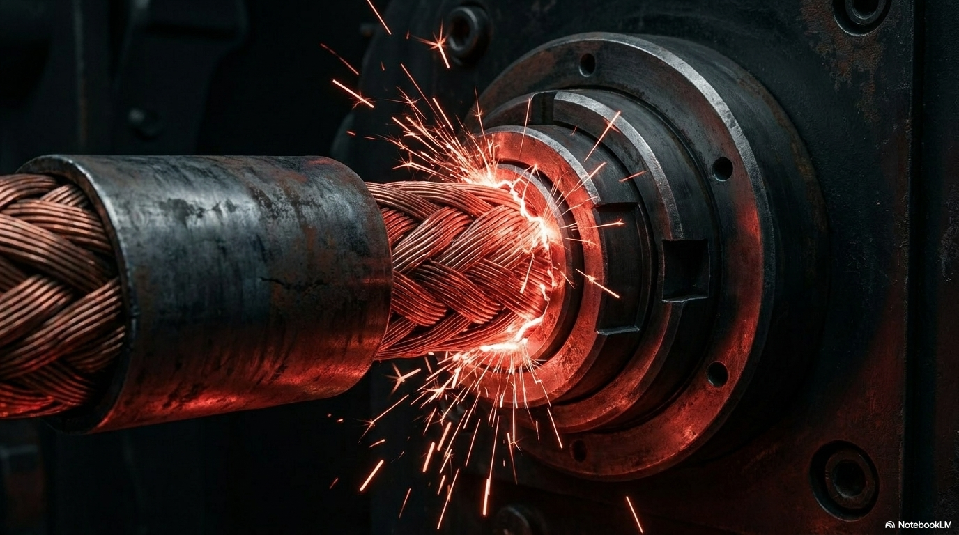 An industrial cable under tension with red sparks at the connection point: two systems making contact, exchanging data at the boundary.