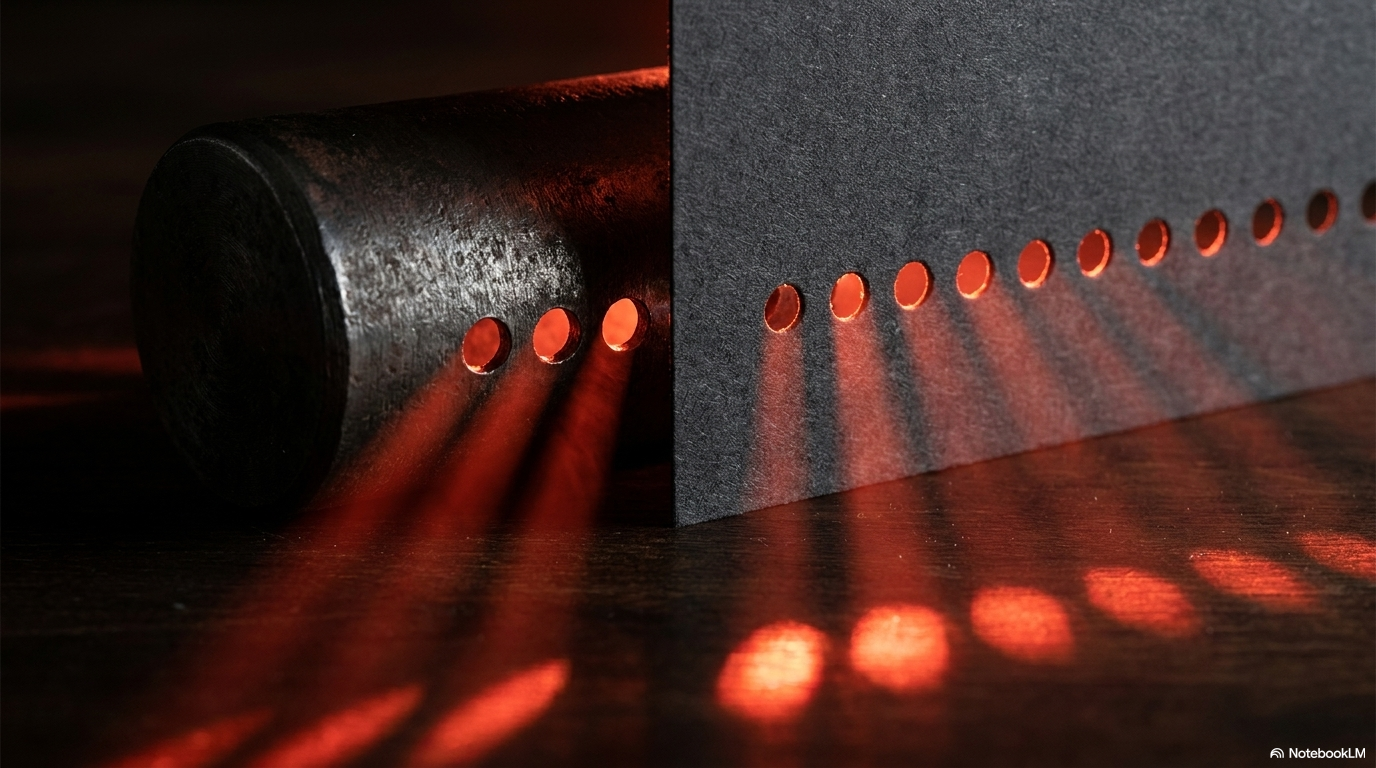 A dark industrial cylinder projecting rows of red light points onto a surface: a single source broadcasting openly to everyone in range.