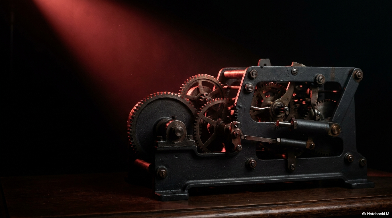 Dark industrial gears interlocked under red light: four components working in coordinated sequence to produce output.
