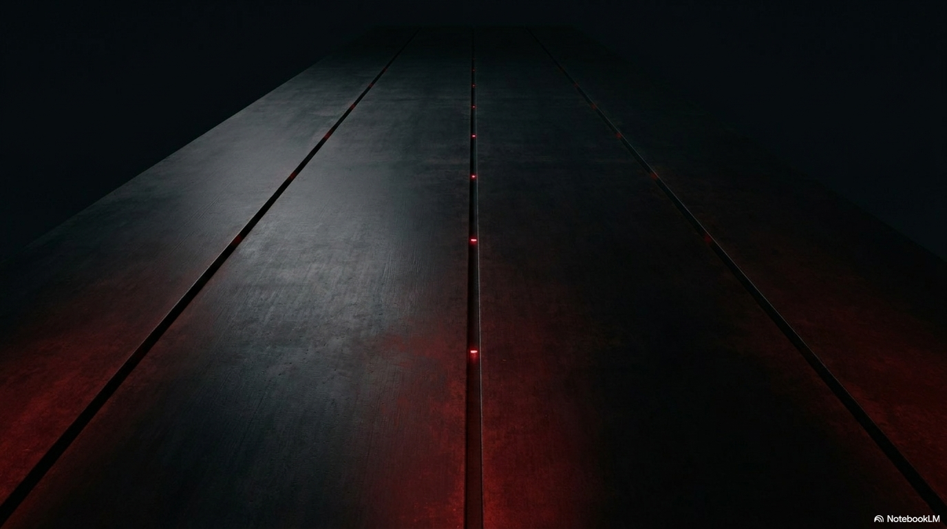 A dark concrete floor with deep red neon seams tracing a precise grid: infrastructure laid down before anything visible is built on top.