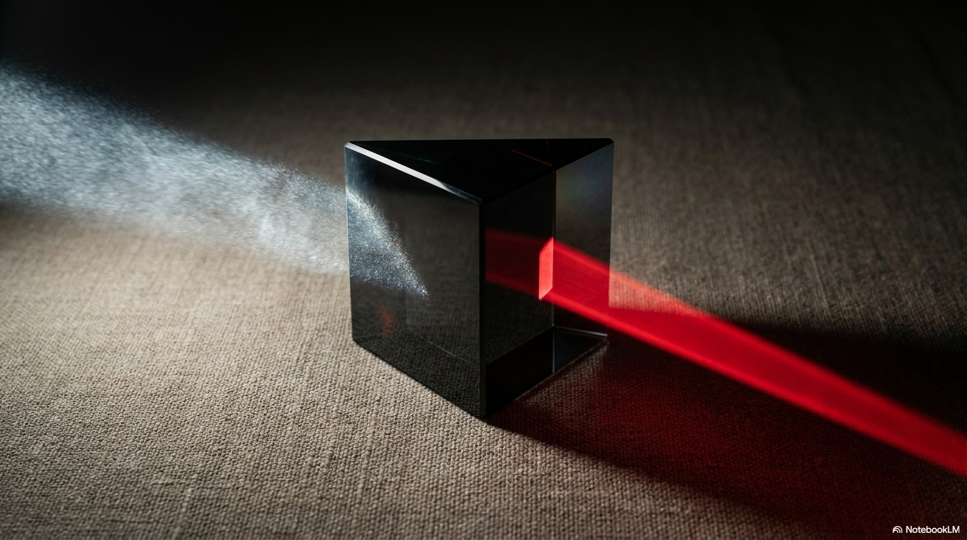 A black geometric prism with a precise red laser entering one face and refracting through the structure: raw input transformed into structured, weighted output.