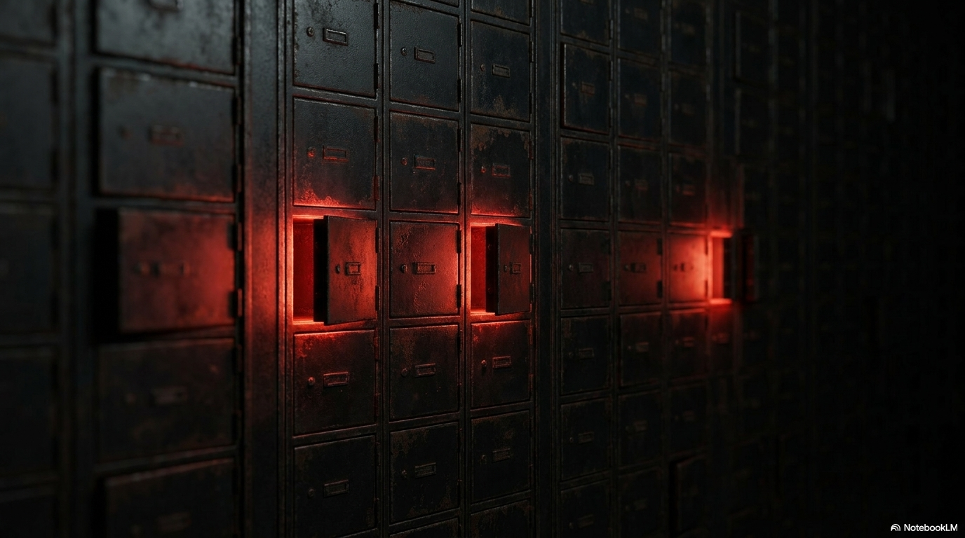 Rows of dark metal storage lockers with red-lit compartments glowing from within: organised, indexed, immediately retrievable.