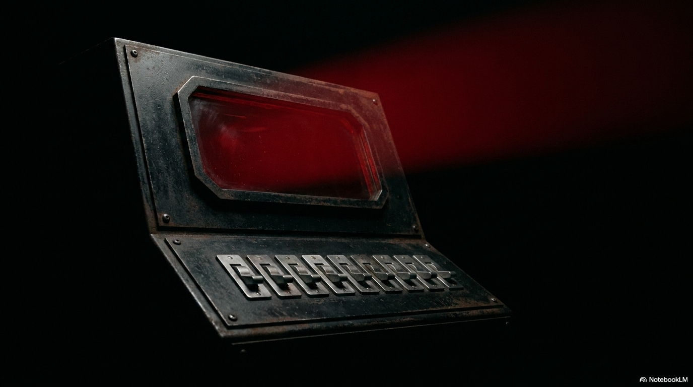 A dark industrial terminal with a mechanical keyboard and deep red glowing screen: a command interface built for precision, not decoration.