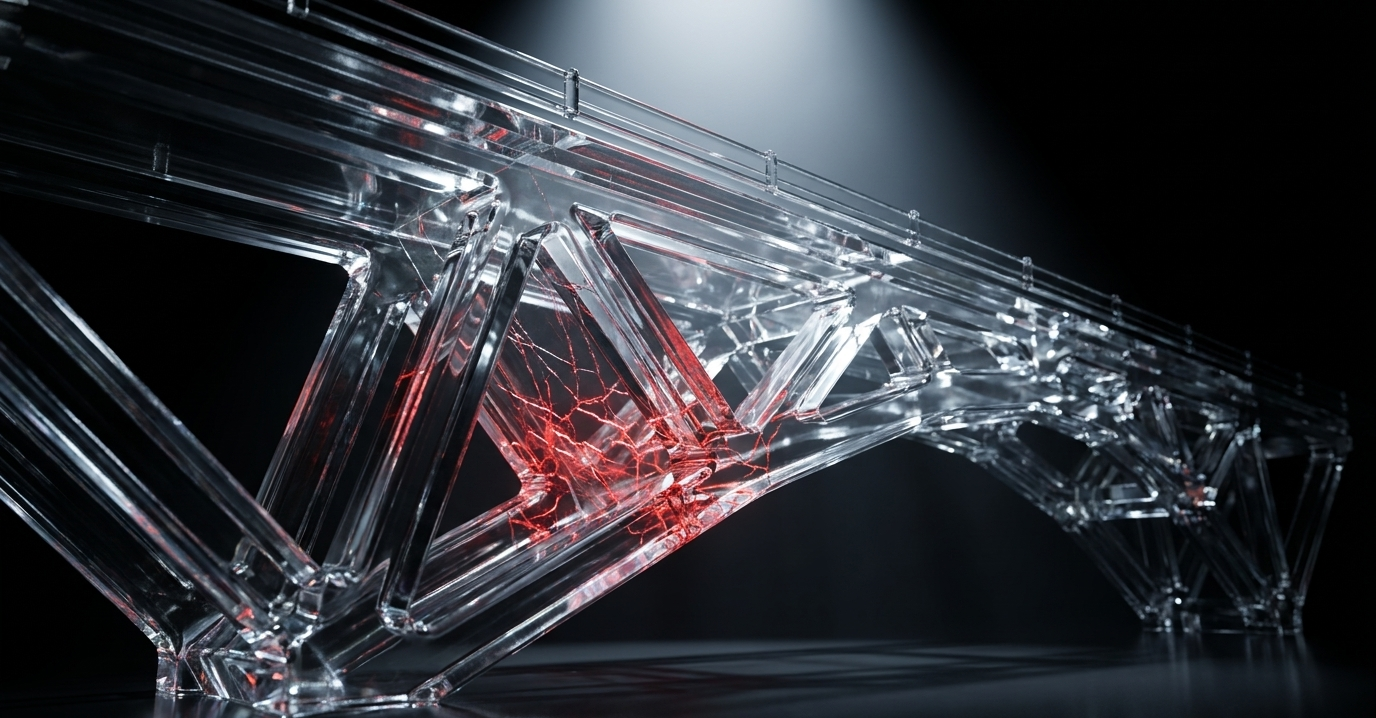 A transparent glass truss bridge with red glowing stress cracks, a metaphor for a neural network losing prior capabilities under the load of new training.