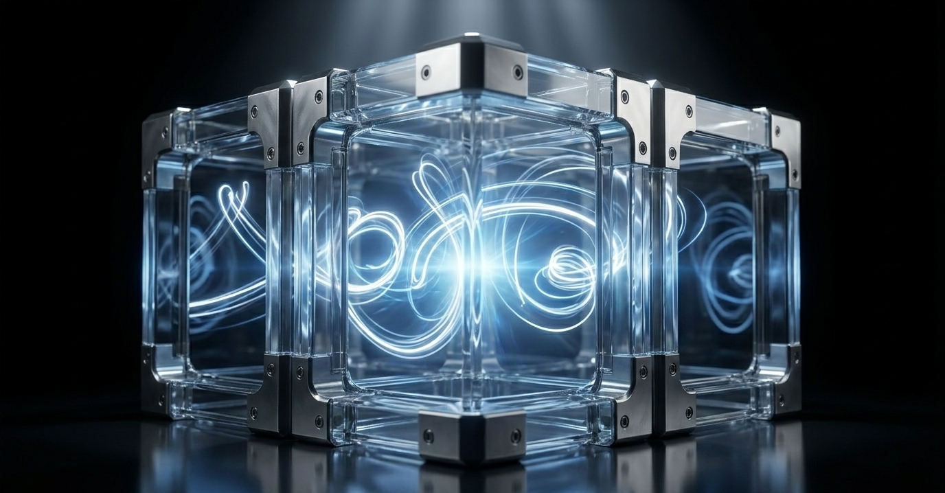 A glass cube held by metal brackets containing a swirl of blue energy, suggesting a powerful process contained inside a sandbox.