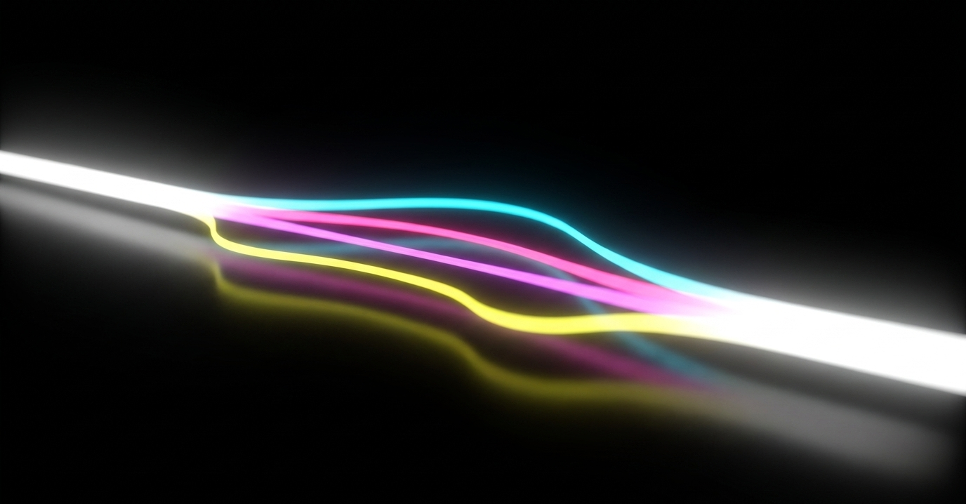 Neon strands diverging from a single white light beam and rejoining further along, rendered on a near-black background. One input path fans out into several possible paths.