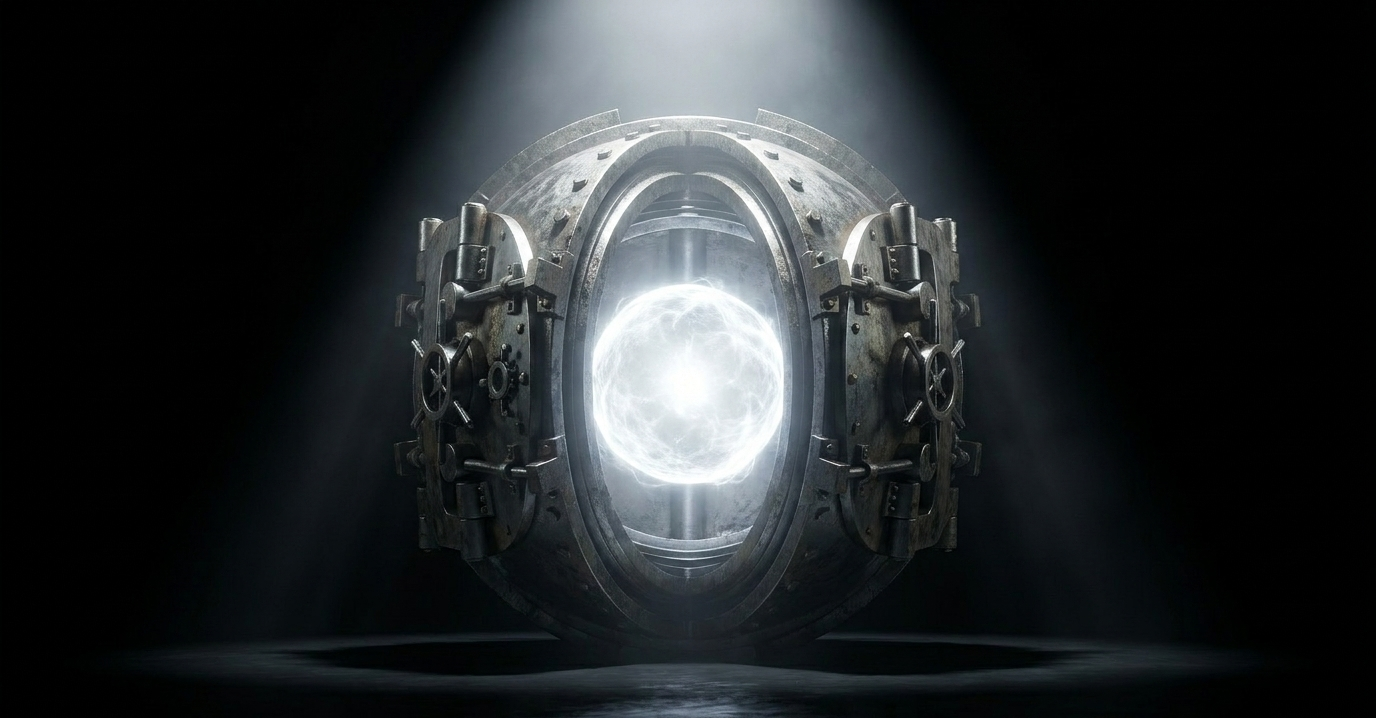 An open vault door in a dark chamber revealing a glowing white orb of energy inside.
