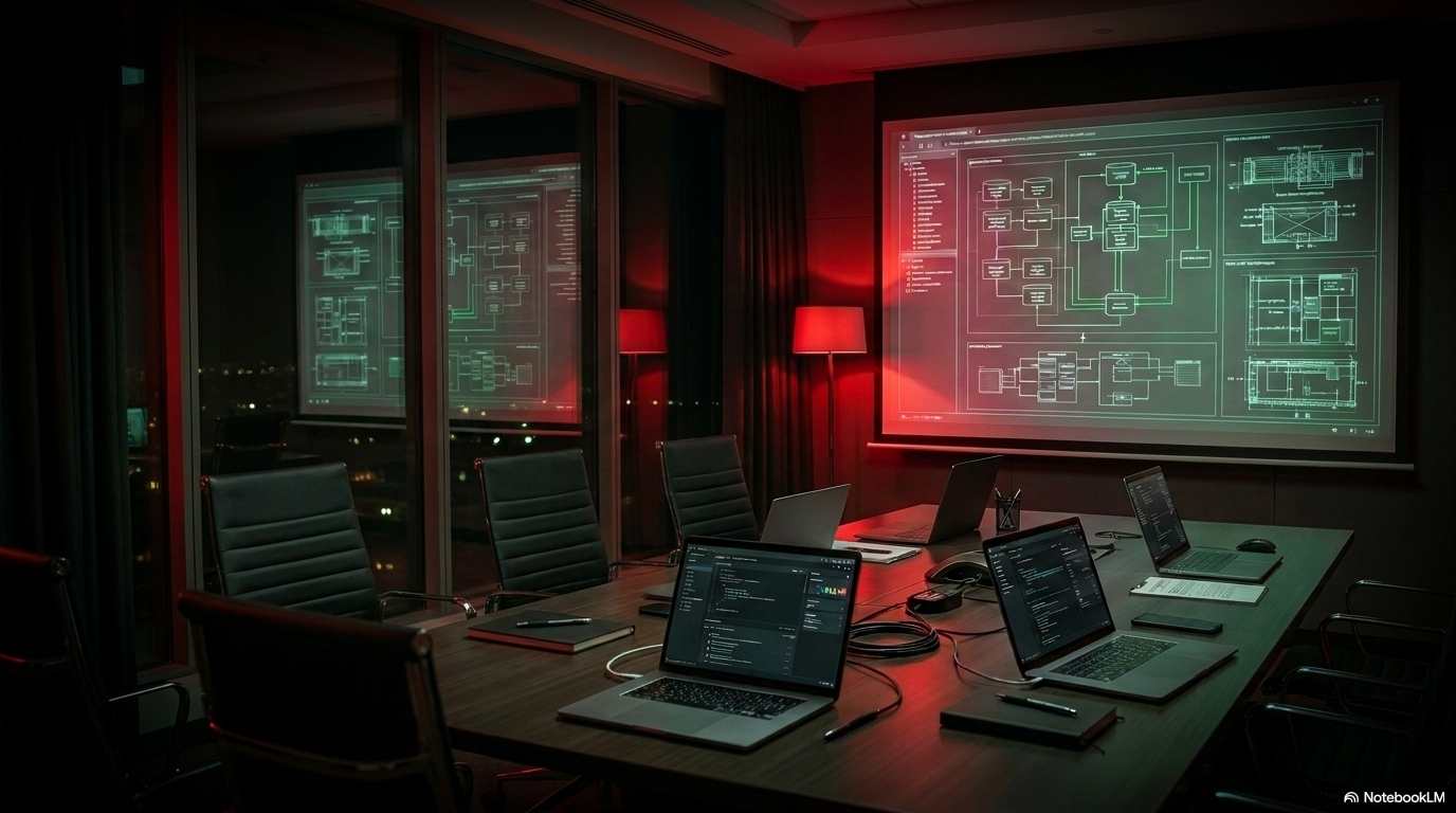 A dark empty boardroom with a red lamp and a city view at night, representing the strategic context in which insurance AI decisions are made.