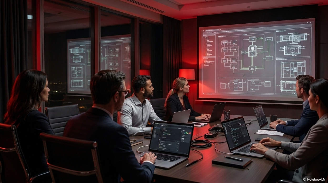 A dark boardroom table with a team around it under red light, representing high-stakes financial decisions augmented by AI.