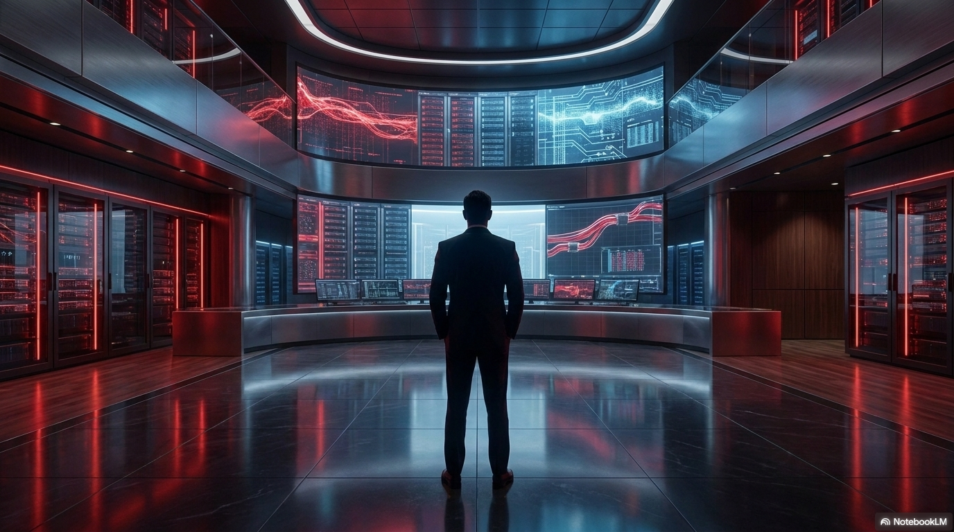 A silhouette at a command center surrounded by red data displays, representing an AI-assisted customer support operation centre.