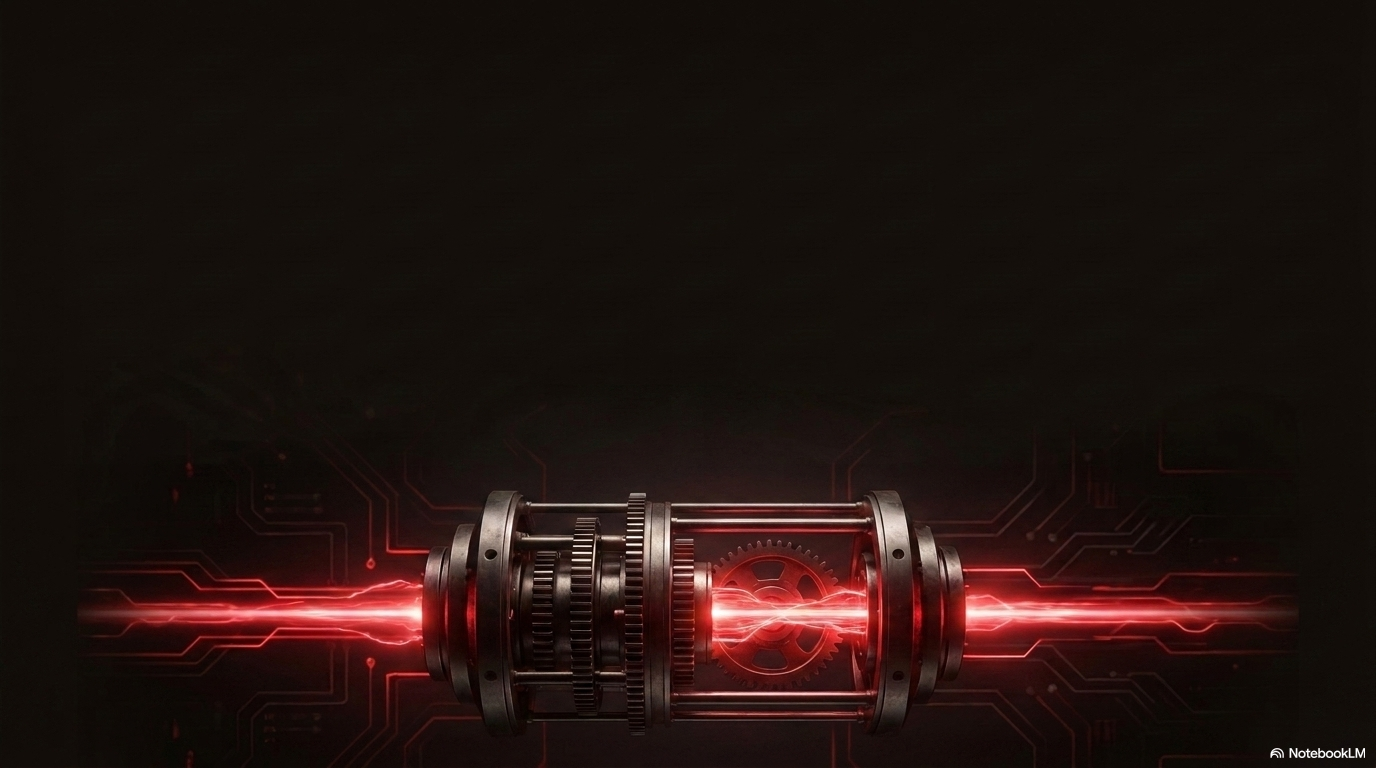 A mechanical drum with red circuit trail highlights, representing the automated pipeline that ingests, processes, and routes broadcast content.