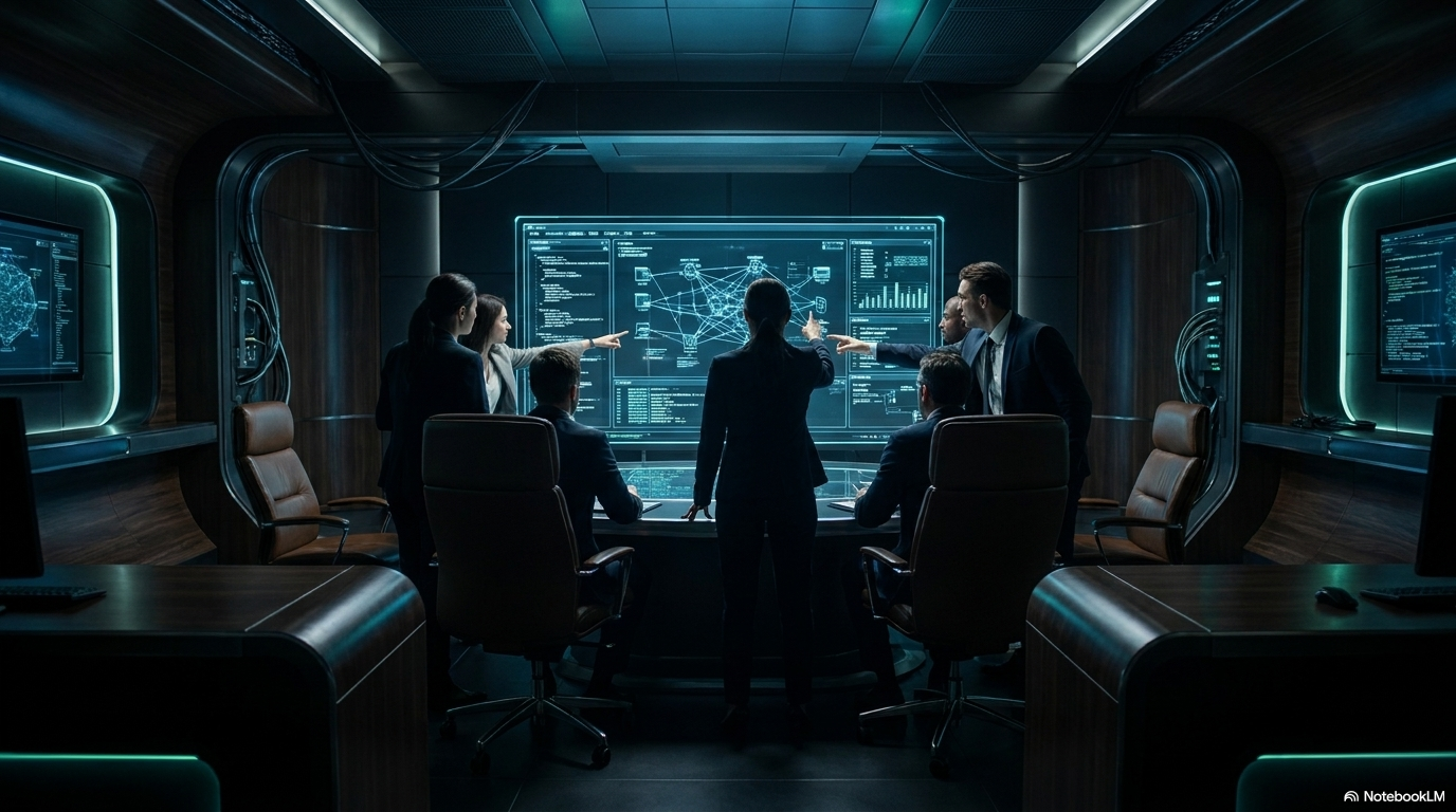 A team works at a dark control room lit by teal screens, watching live displays. The scene reflects how PHP generates web pages on the server in real time, page by page, as requests arrive.