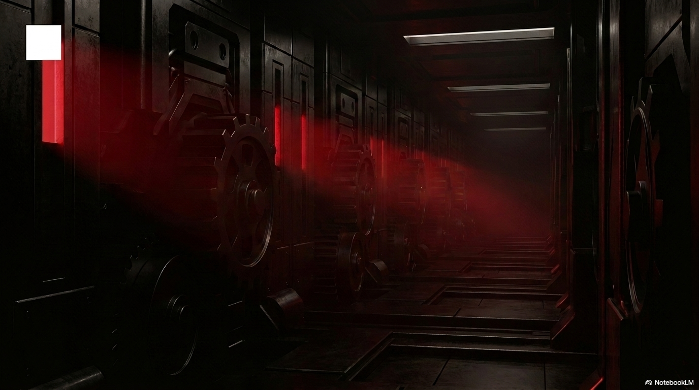 A dark industrial corridor with tall red light columns, representing a video processing pipeline where frames pass through sequential stages.