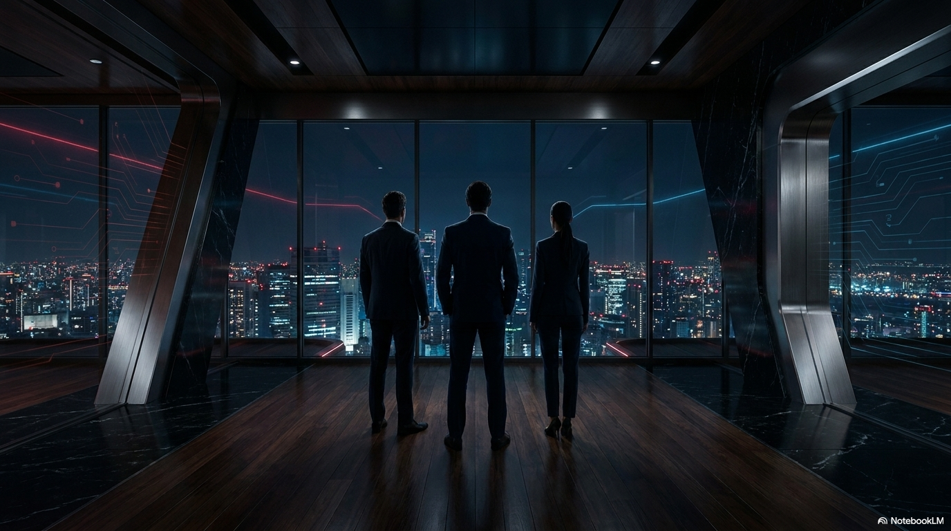Three executive silhouettes against a city night view, representing the scale of property markets and the decisions AI valuation models support.
