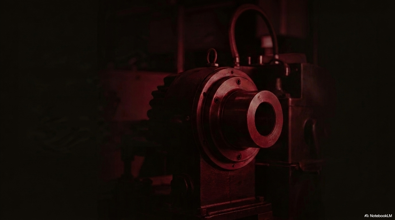 A heavy industrial gear and camera lens in deep dark red, representing precision engineering and the observability of manufacturing processes.