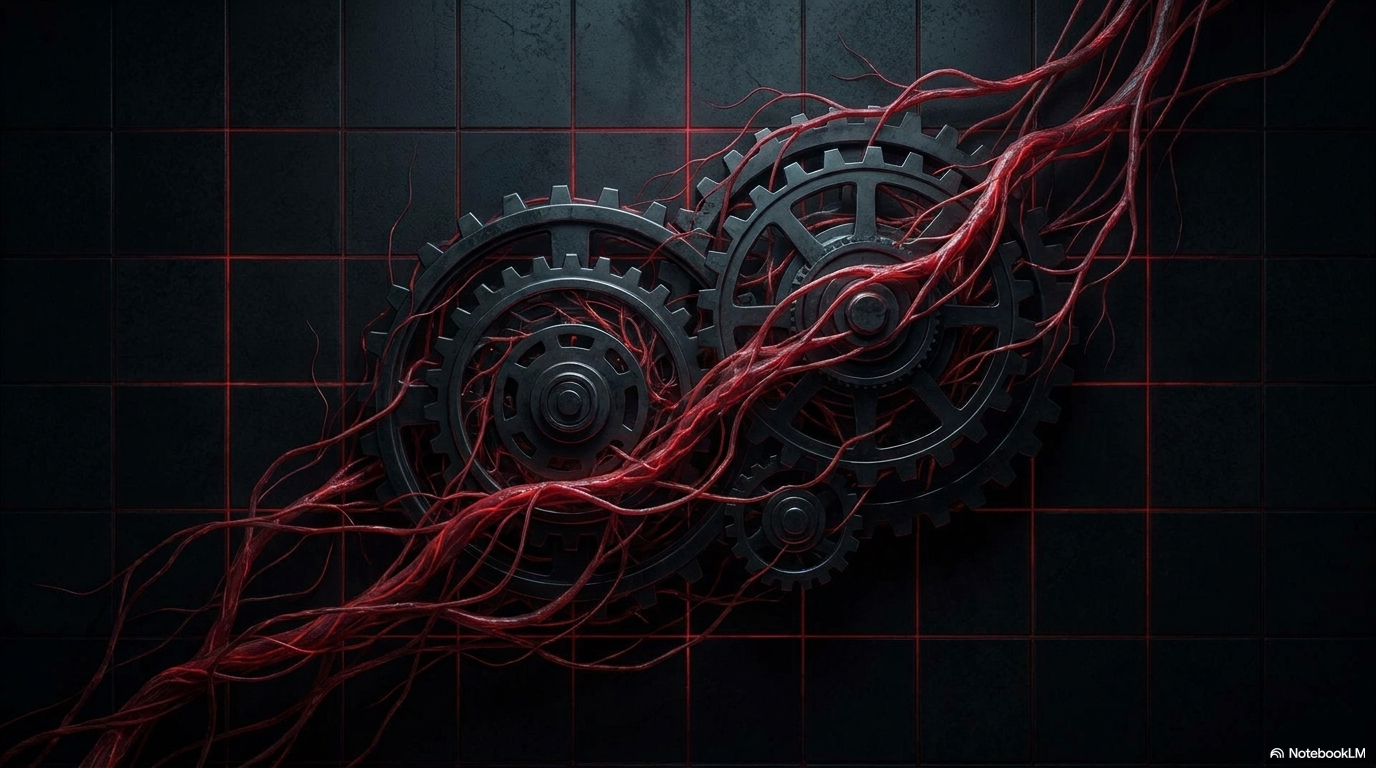 Dark interlocking gears laced with red neural wires, representing the interconnected data layers that a geospatial intelligence platform must integrate and analyse.