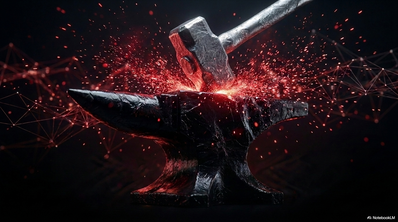 A hammer striking an anvil with red sparks and network lines spreading outward in a dark workshop, suggesting one forceful product reshaping an entire industry.