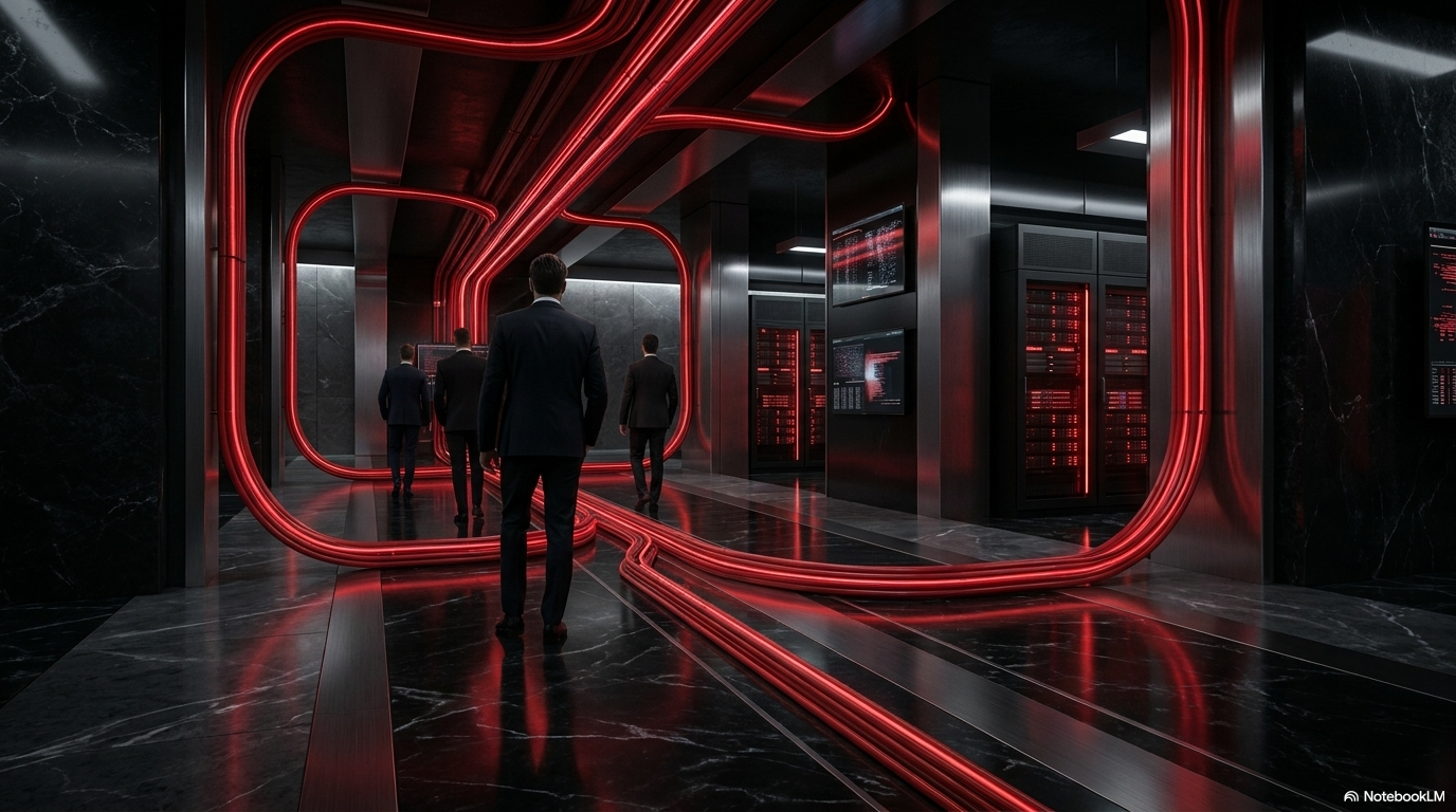 A dark corridor framed with neon arches, people walking through, representing the institutional journey of a permit application through a digitised process.
