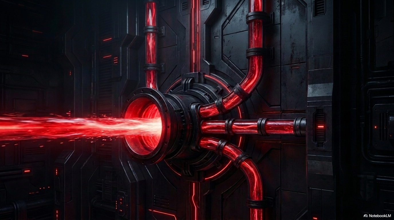 A dark wall panel with a precision red nozzle firing a focused laser beam, suggesting a controlled output delivered without exposing the machinery, much like App Engine runs your code while hiding the servers.