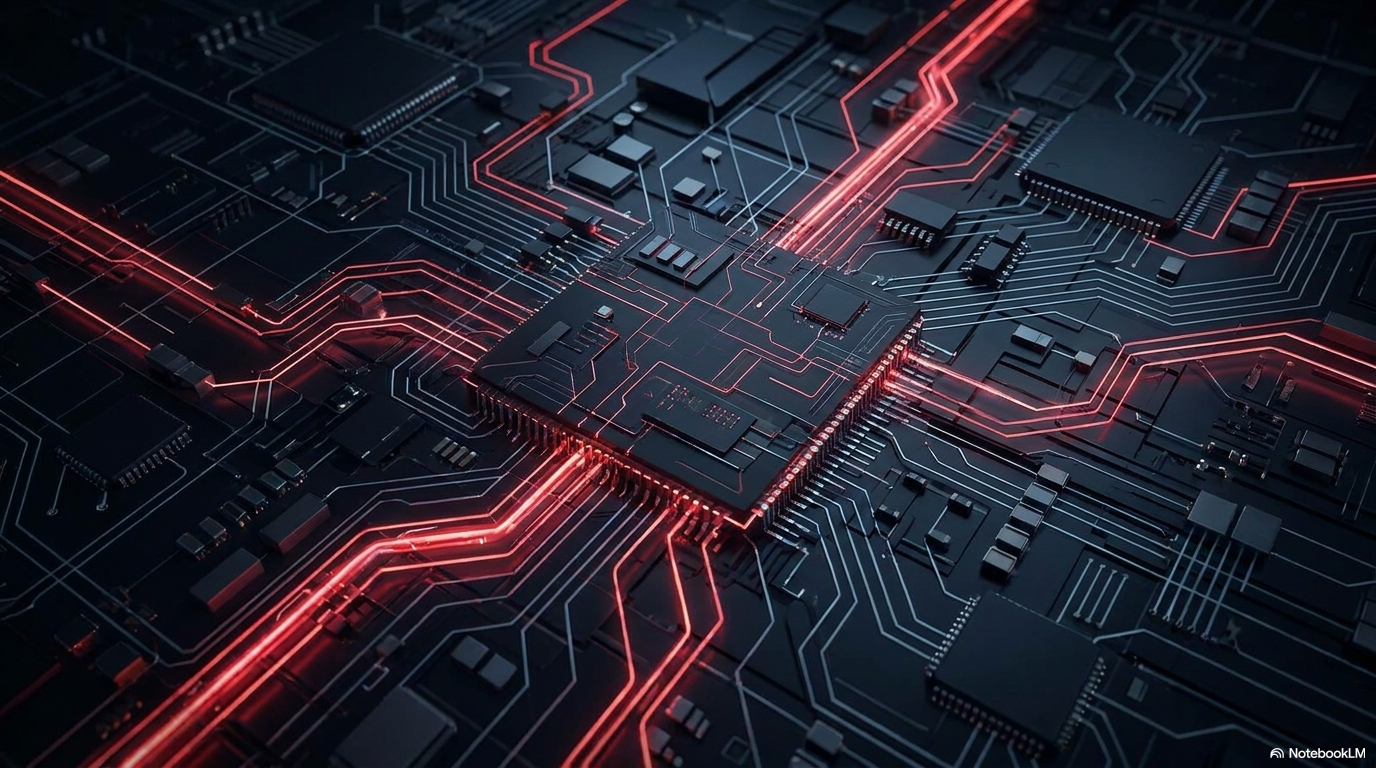 An aerial view of a dark circuit board with red circuit trace networks, representing satellite-derived environmental monitoring data processed at scale.