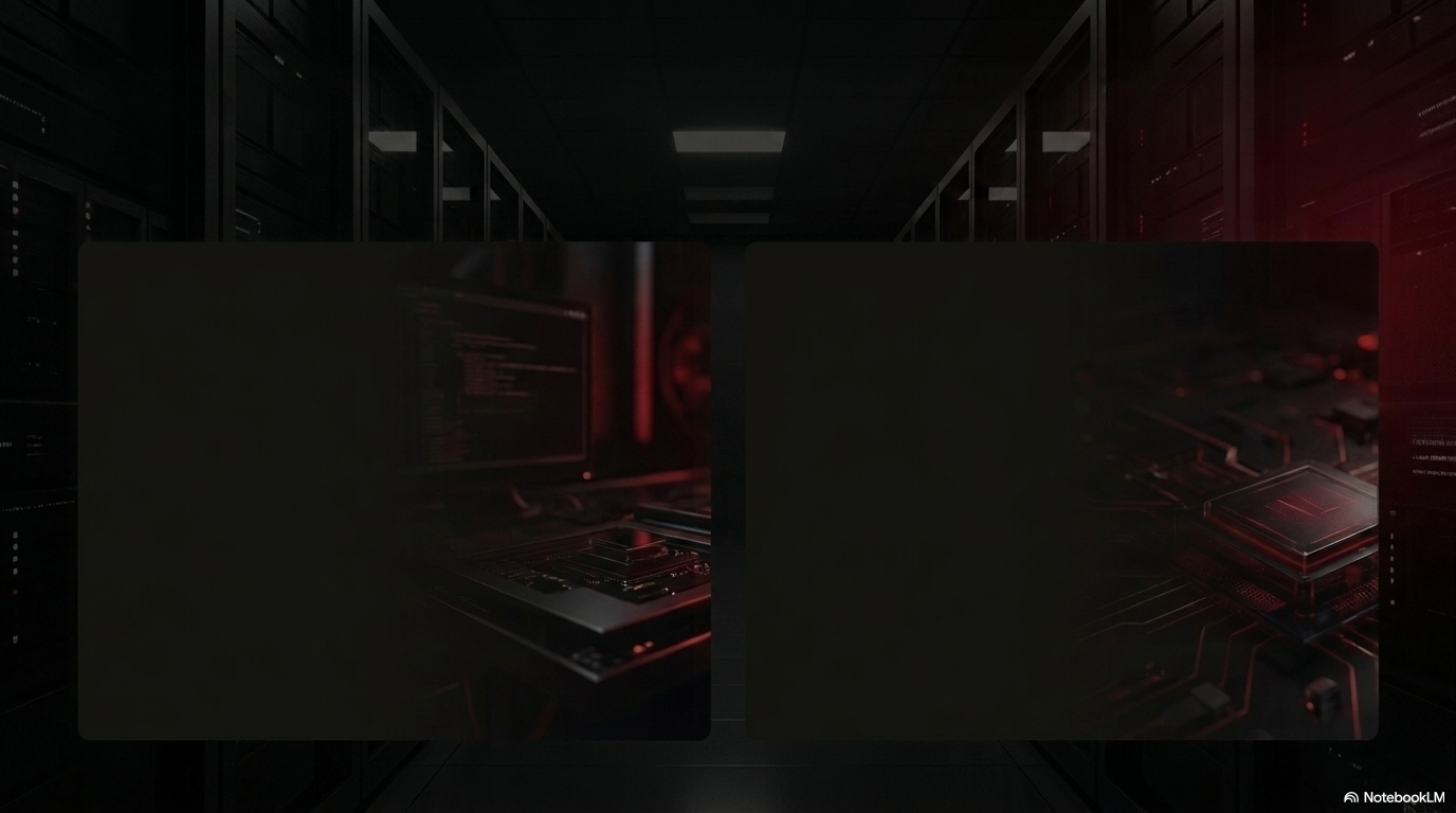 A split image of a server room on the left and a red-lit CPU chip on the right, representing the compute infrastructure that powers logistics AI at scale.