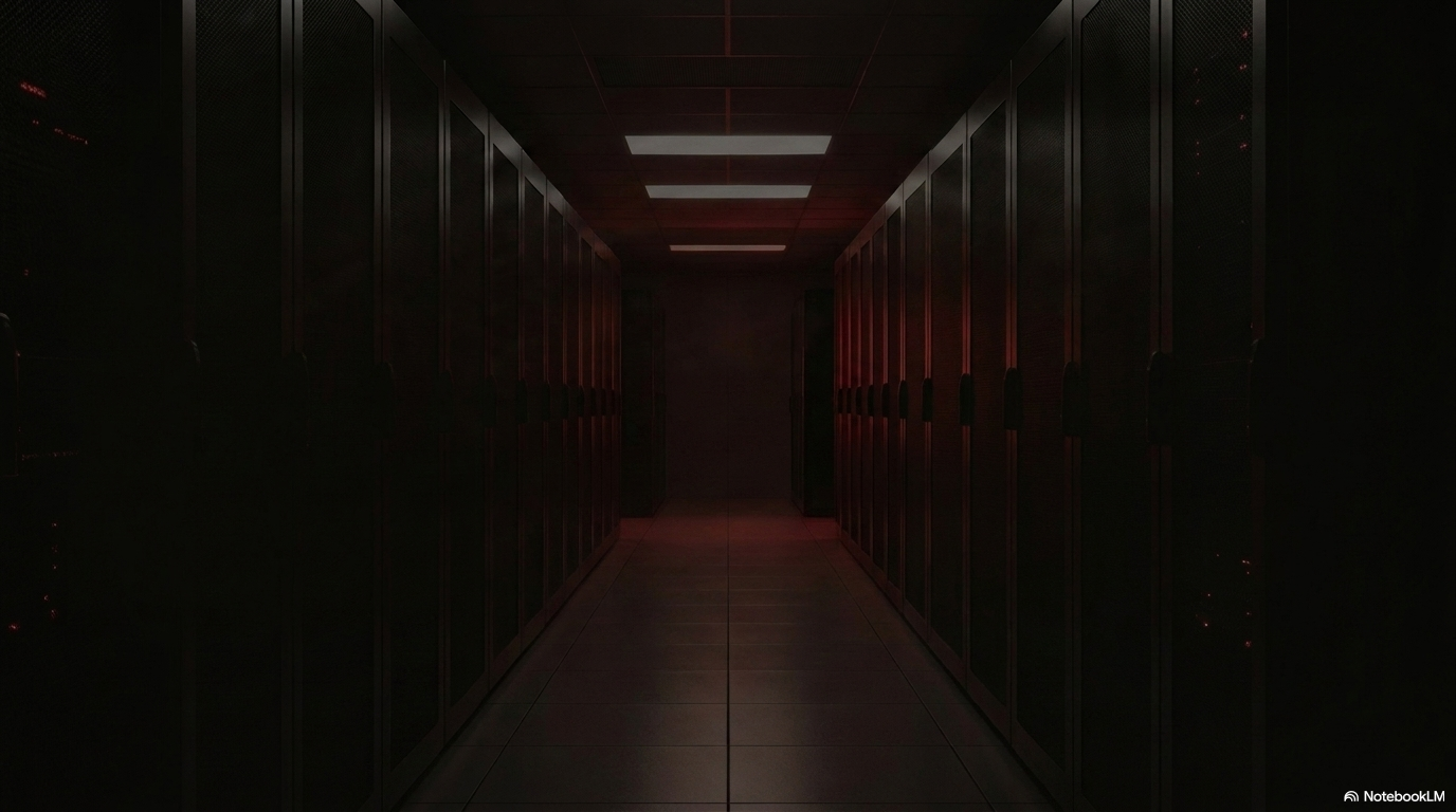 A dark server room corridor with red-lit rack rows extending into the distance, representing a fleet of vehicles tracked in real time.
