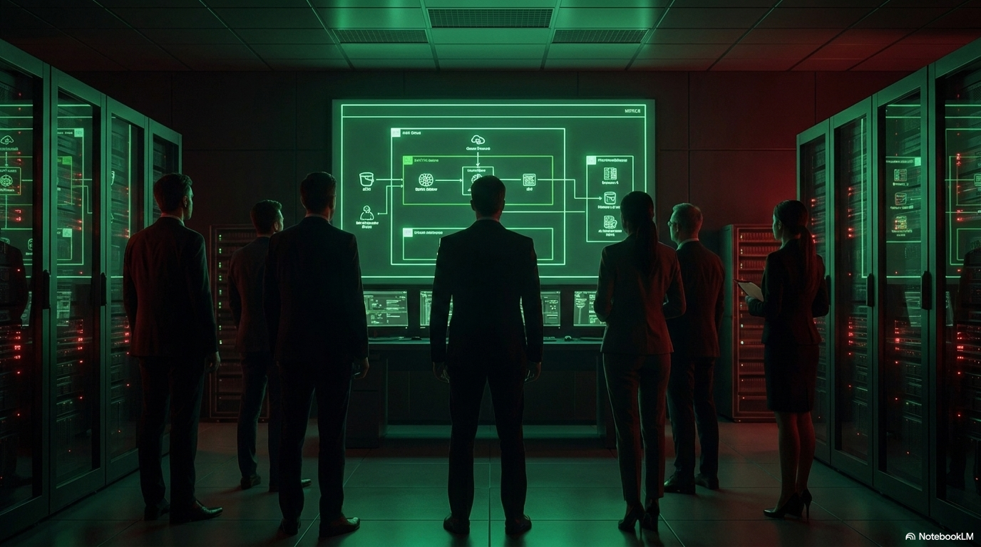 A dark server room with the silhouettes of a small team facing racks lit by green screen glow. The scene evokes the data-centre scale of compute that TensorFlow was designed to harness for training neural networks.