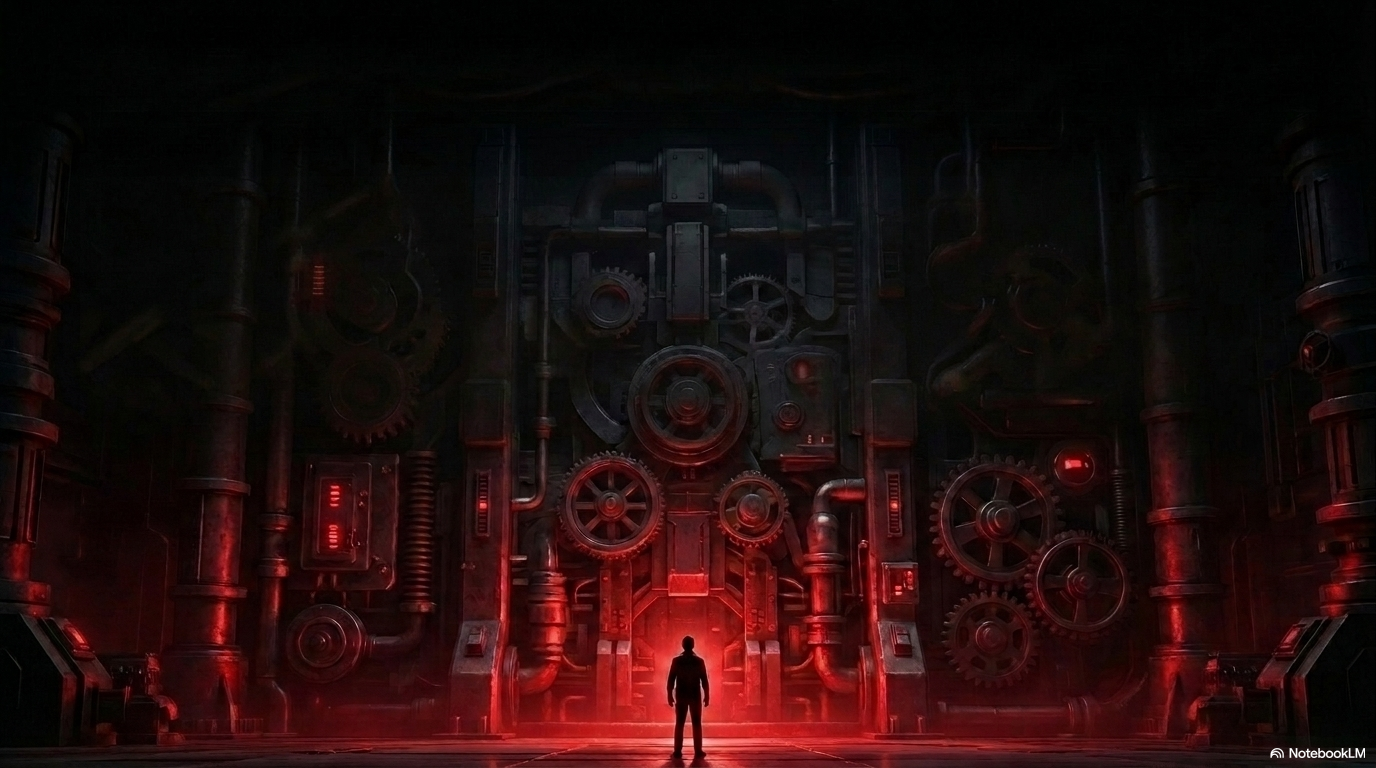 A lone human silhouette stands facing a towering wall of red-lit interlocking gears. The vast machinery suggests the scale of software that had to be moved off Python 2 before the old version stopped turning.