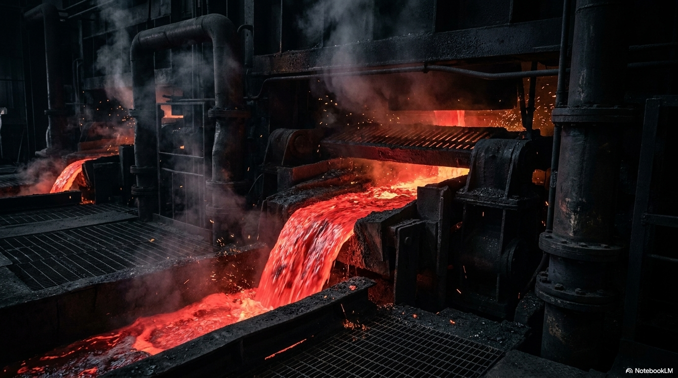 Red-hot steel pouring in a dark industrial furnace, representing the raw transformation of energy systems through AI-driven optimisation.