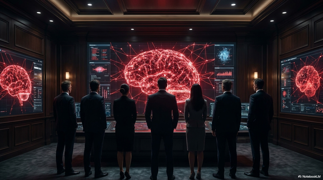 A team silhouetted against a glowing red neural brain, representing clinicians and AI systems working together on patient outcomes.