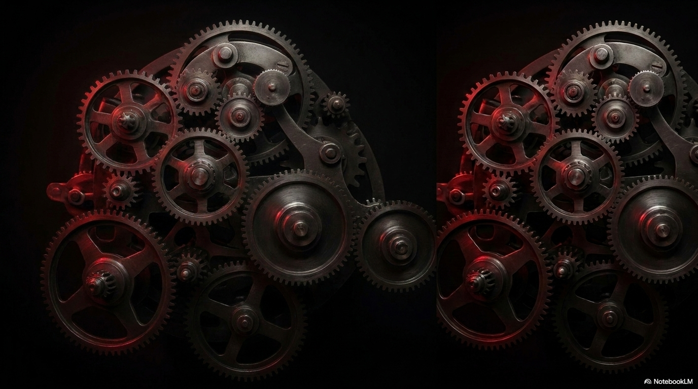 Two heavy gear clusters with red-accented teeth interlocking in the dark: parallel systems designed for different loads, each turning independently but driving the same output.