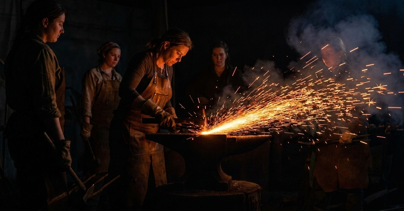 Two blacksmiths working an anvil together, sparks flying, in a dark workshop.