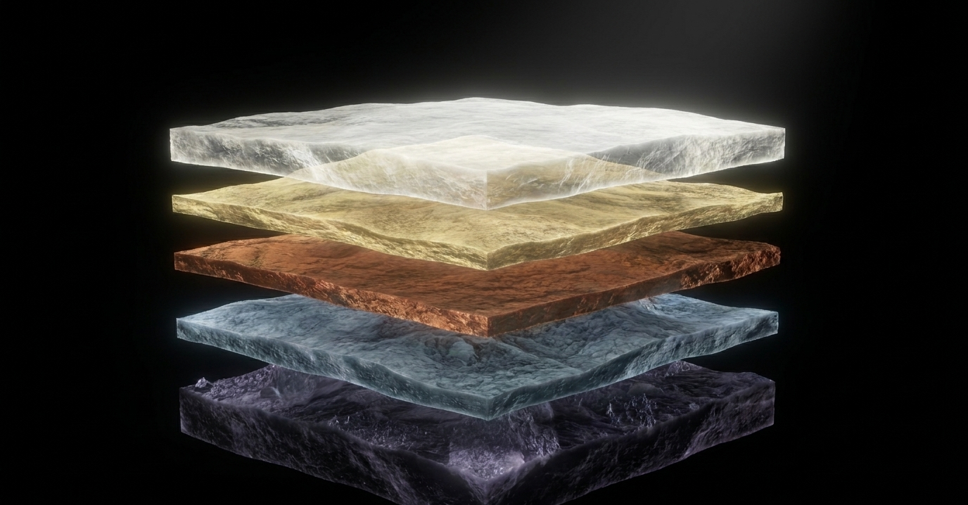 Five stacked mineral strata floating in an exploded view on black, representing successive model generations built on one core.