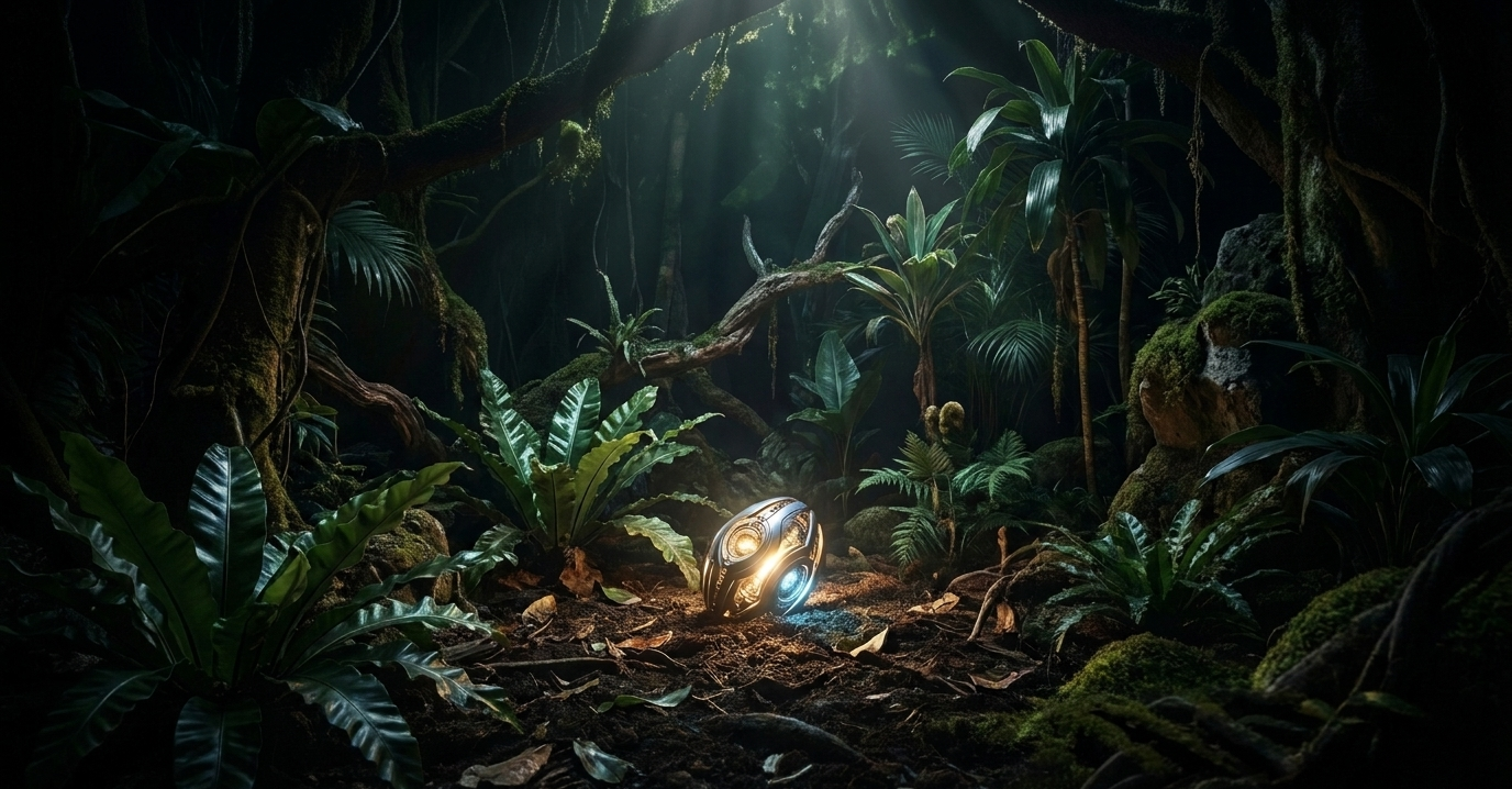 A glowing blue and gold pod resting on a dark jungle floor under a shaft of light, suggesting a new artifact discovered in the wild.